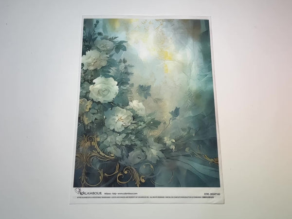 A 14 second video shows a close-up and backside of Calambour Italy's Dreamscape Blue Florals rice paper against a white background.