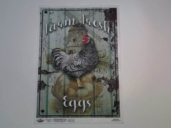 A 14 second video shows a close-up and backside of Decoupage Queen's Farm Fresh Eggs A4 rice paper.