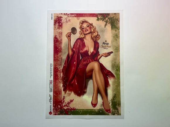 A 14 second video shows a close-up and backside of Paper Designs Italy's Classic Christmas Pinup A4 rice paper against a white background.