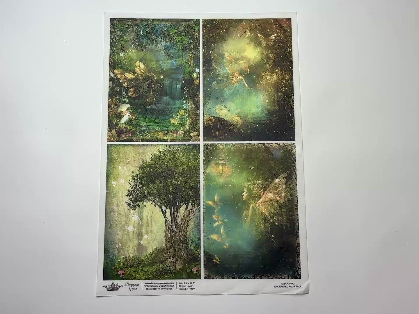 A 13 second video shows a close-up and backside of Decoupage Queen's Enchanted 4 Pack A4 rice paper against a white background.