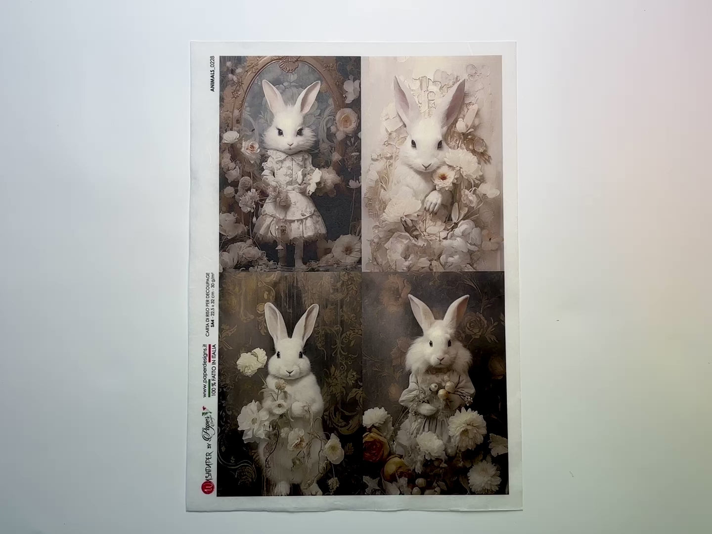 A 15 second video shows a close-up and backside of Paper Designs Italy's Four Victorian Bunny Portraits A4 rice paper against a white background.