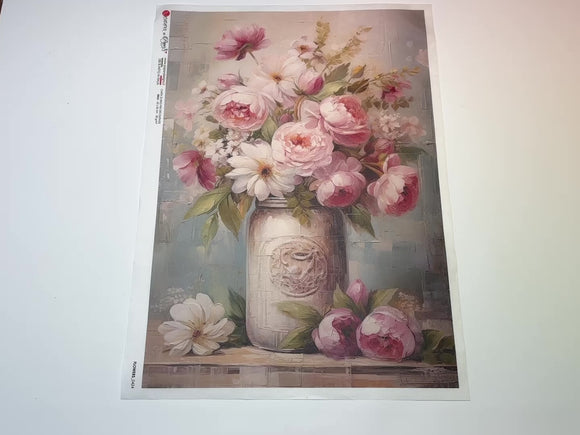 A 15 second video of a close-up and backside of Decoupage Queen's Pink Bouquet in mason jar A3 rice paper is against a white background.
