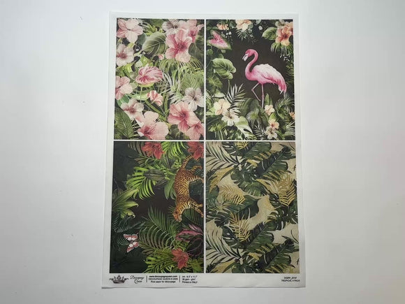 A 14 second video shows a close-up and backside of Decoupage Queen's Tropical 4 Pack A4 rice paper against a white background.