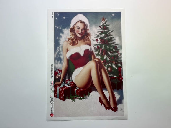 A 14 second video shows a close-up and backside of Paper Designs Italy's Festive Pinup Girl A4 rice paper against a white background.