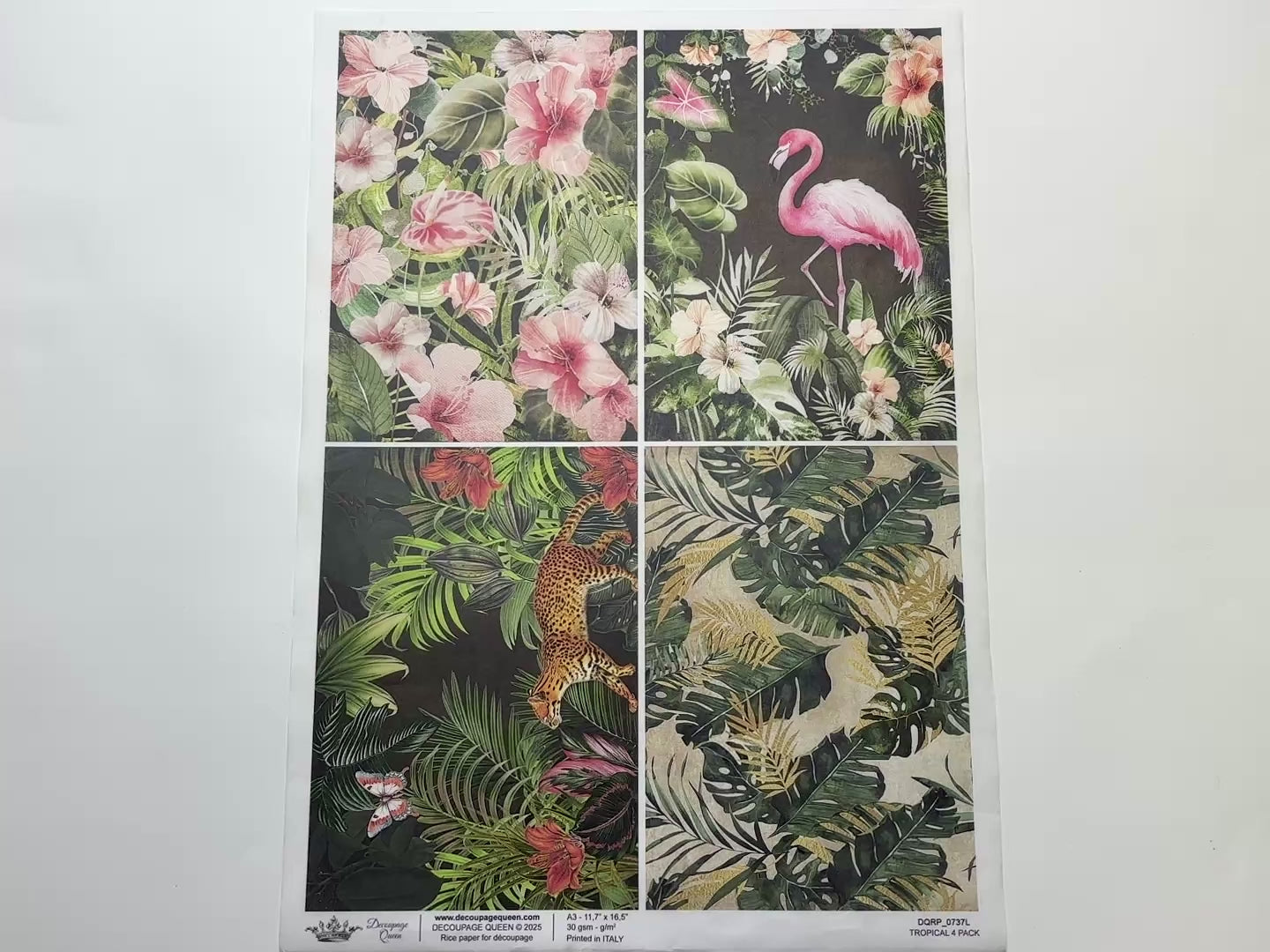 A 14 second video shows a close-up and backside of Decoupage Queen's Tropical 4 Pack A3 rice paper against a white background.