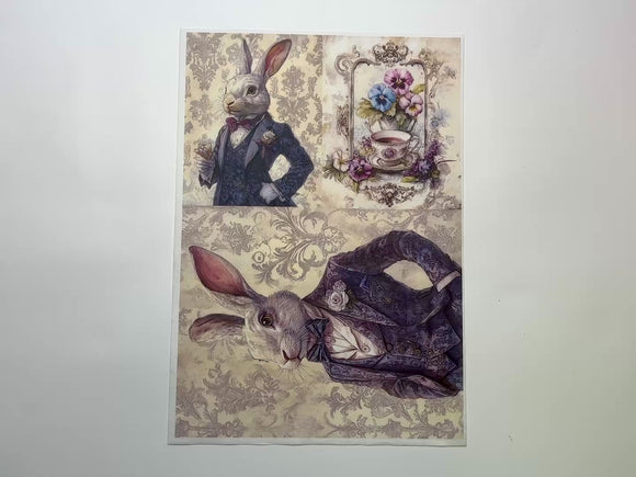 A 14 second video shows a close-up and backside of LaBlanche's Victorian Rabbits and Tea Time A4 rice paper against a white background.