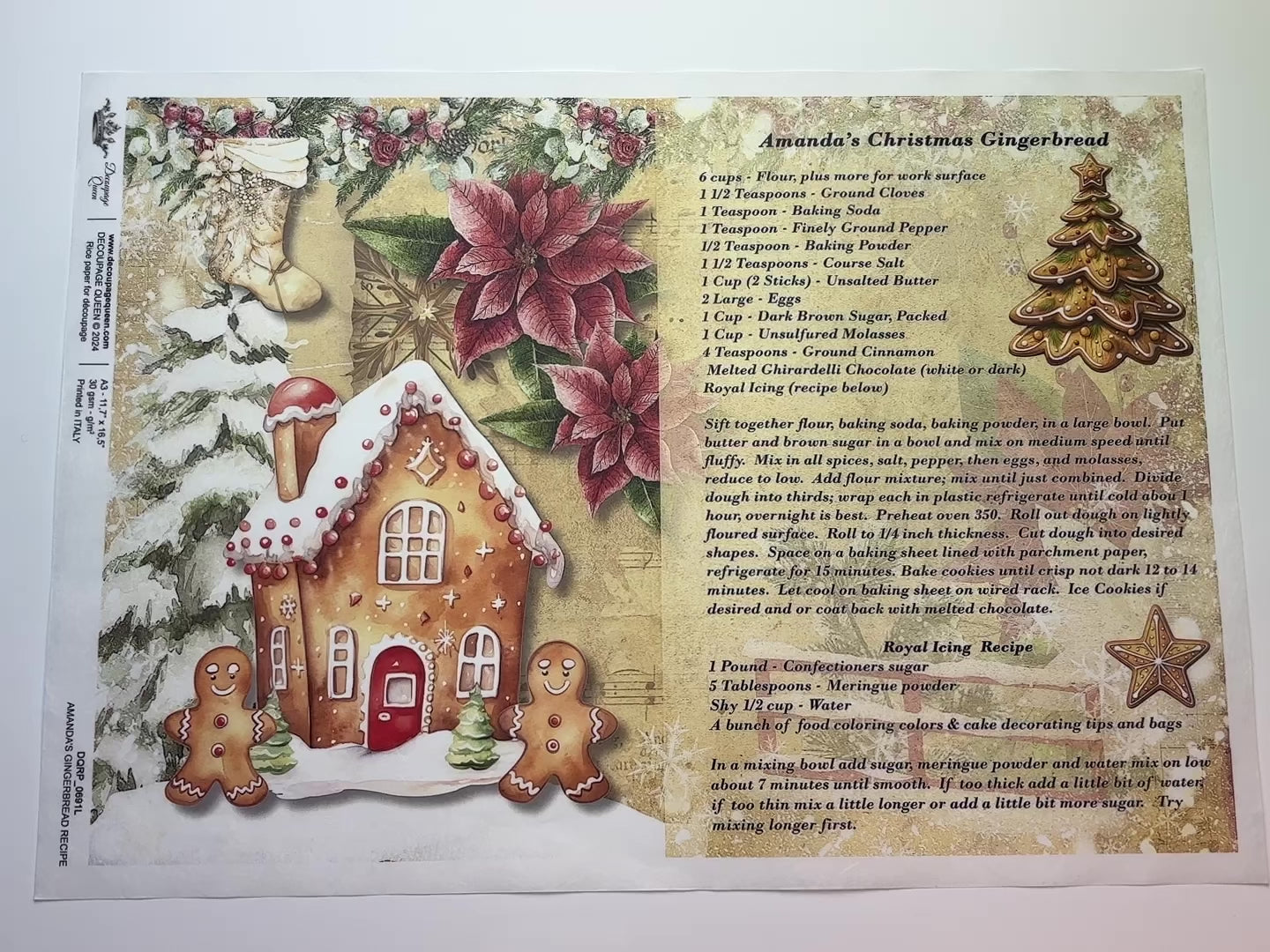 A 15 second video shows a close-up and backside of Decoupage Queen's Amanda's Gingerbread Recipe A3 rice paper against a white background.