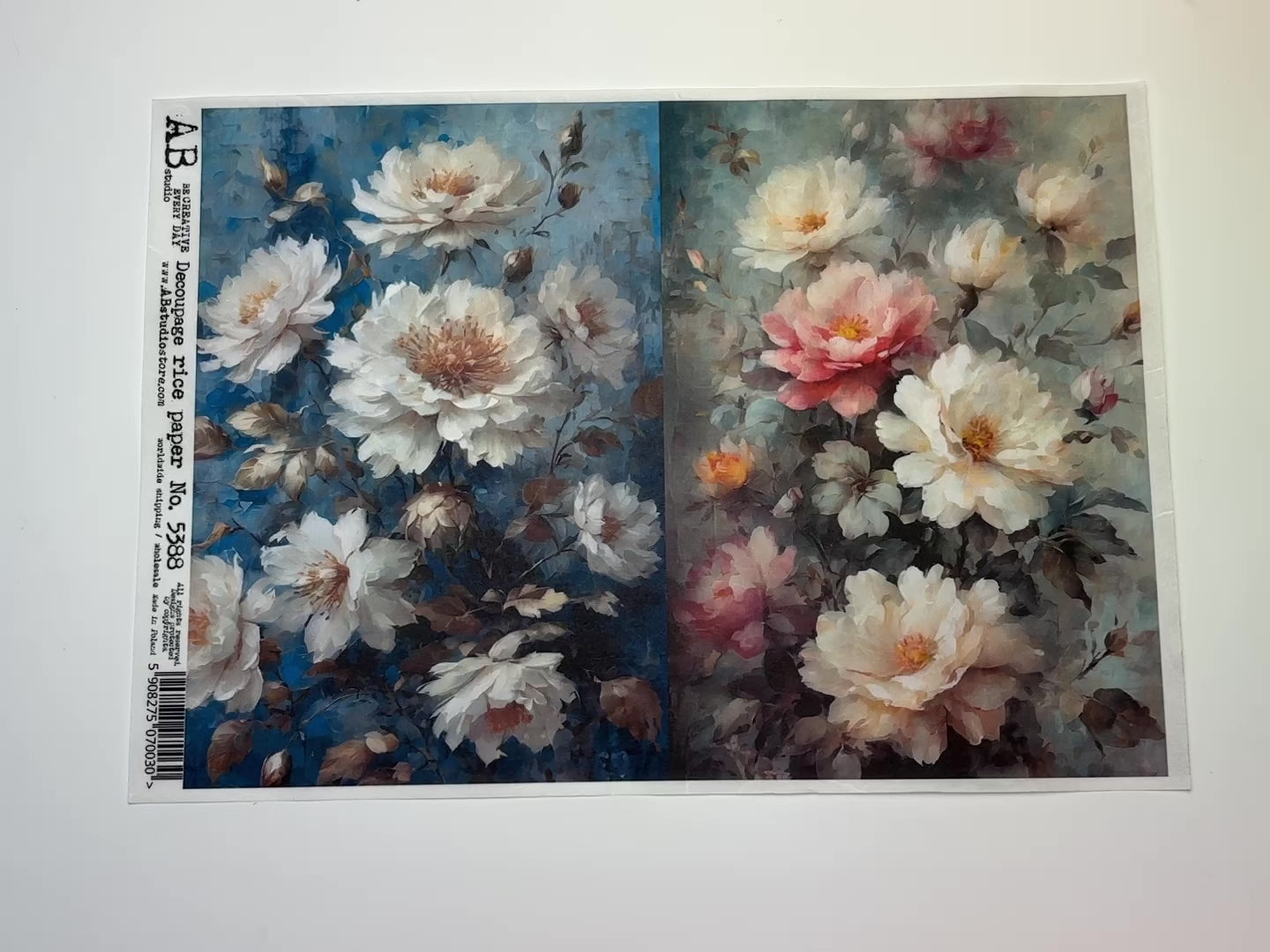 A 12 second video shows a close-up and backside of AB Studio's Soft Florals 2 Pack A4 rice paper against a white background.