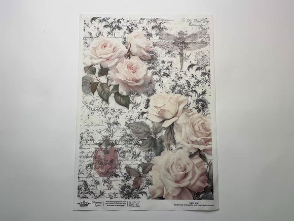 A 13 second video shows a close-up and backside of Decoupage Queen's Sketches Background A4 rice paper against a white background.