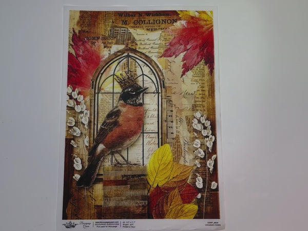 A 14 second video shows a close-up and backside of Decoupage Queen's Crowned Robin A4 rice paper.