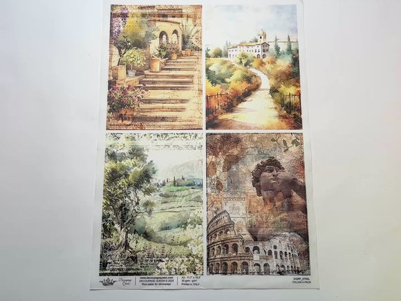 A 13 second video shows a close-up and backside of Decoupage Queen's Italian 4 Pack A3 rice paper against a white background.