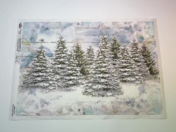 A 13 second video of a close-up and backside of Decoupage Queen's Woodland Trees A3 rice paper is against a white background.
