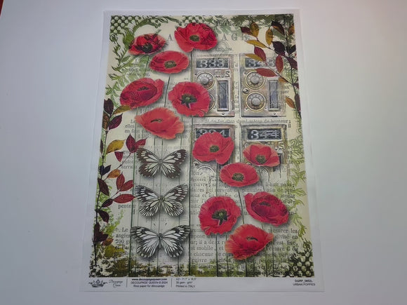 A 15 second video shows a close-up and backside of Decoupage Queen's Urban Poppies A3 rice paper.