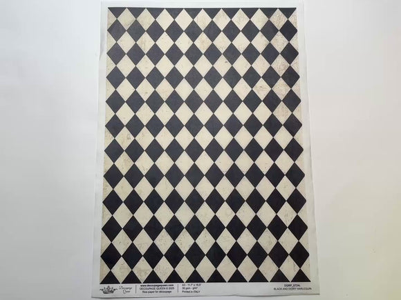 A 13 second video shows a close-up and backside of Decoupage Queen's Black and Ivory Harlequin A3 rice paper against a white background.