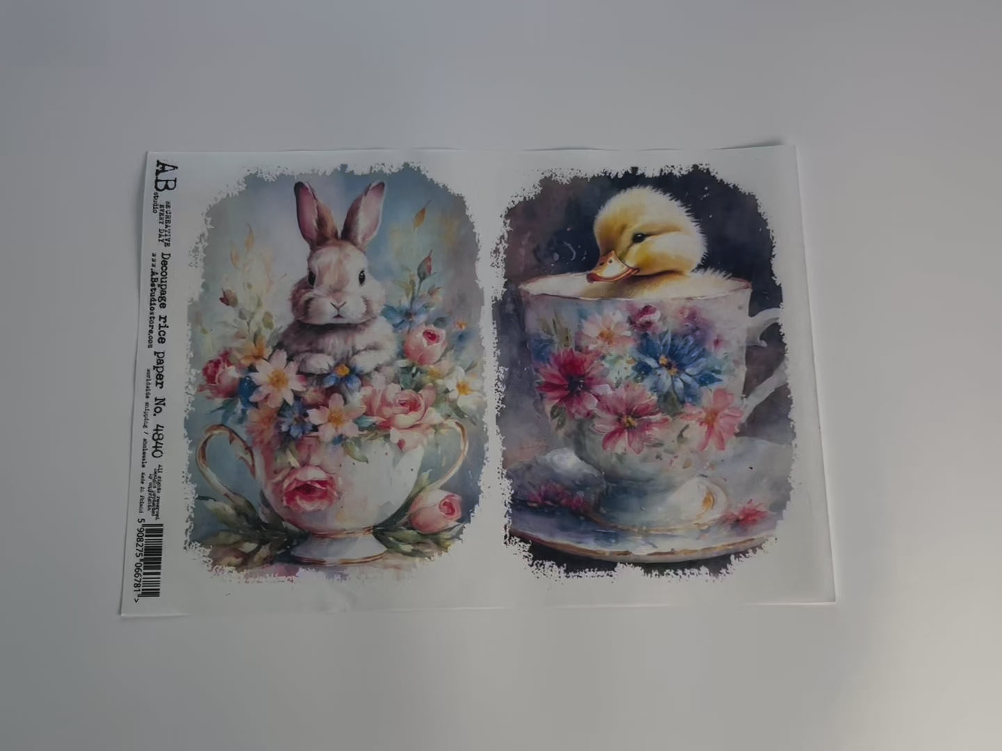 Bunny and Duckling in Teacup (2 Pack) A4 Rice Decoupage Paper-3