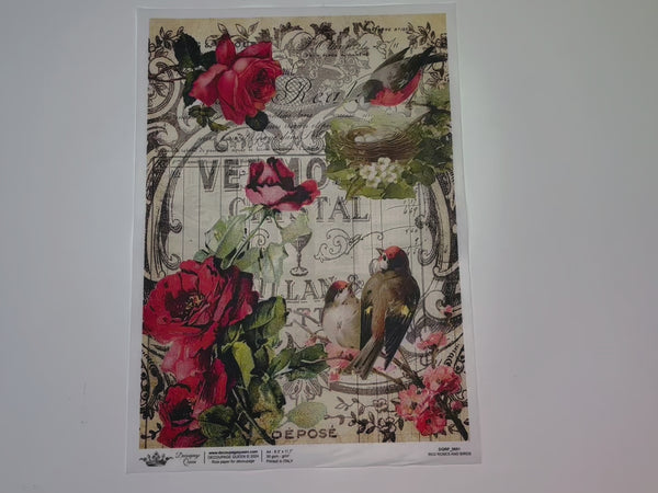 A 14 second video shows a close-up and backside of Decoupage Queen's Red Roses and Birds A4 rice paper.