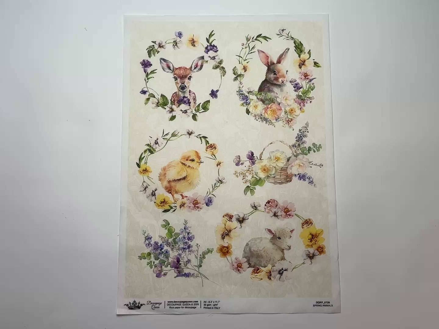 A 14 second video shows a close-up and backside of Decoupage Queen's Spring Animals A4 rice paper against a white background.