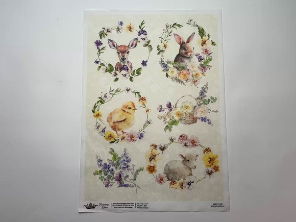 A 14 second video shows a close-up and backside of Decoupage Queen's Spring Animals A4 rice paper against a white background.