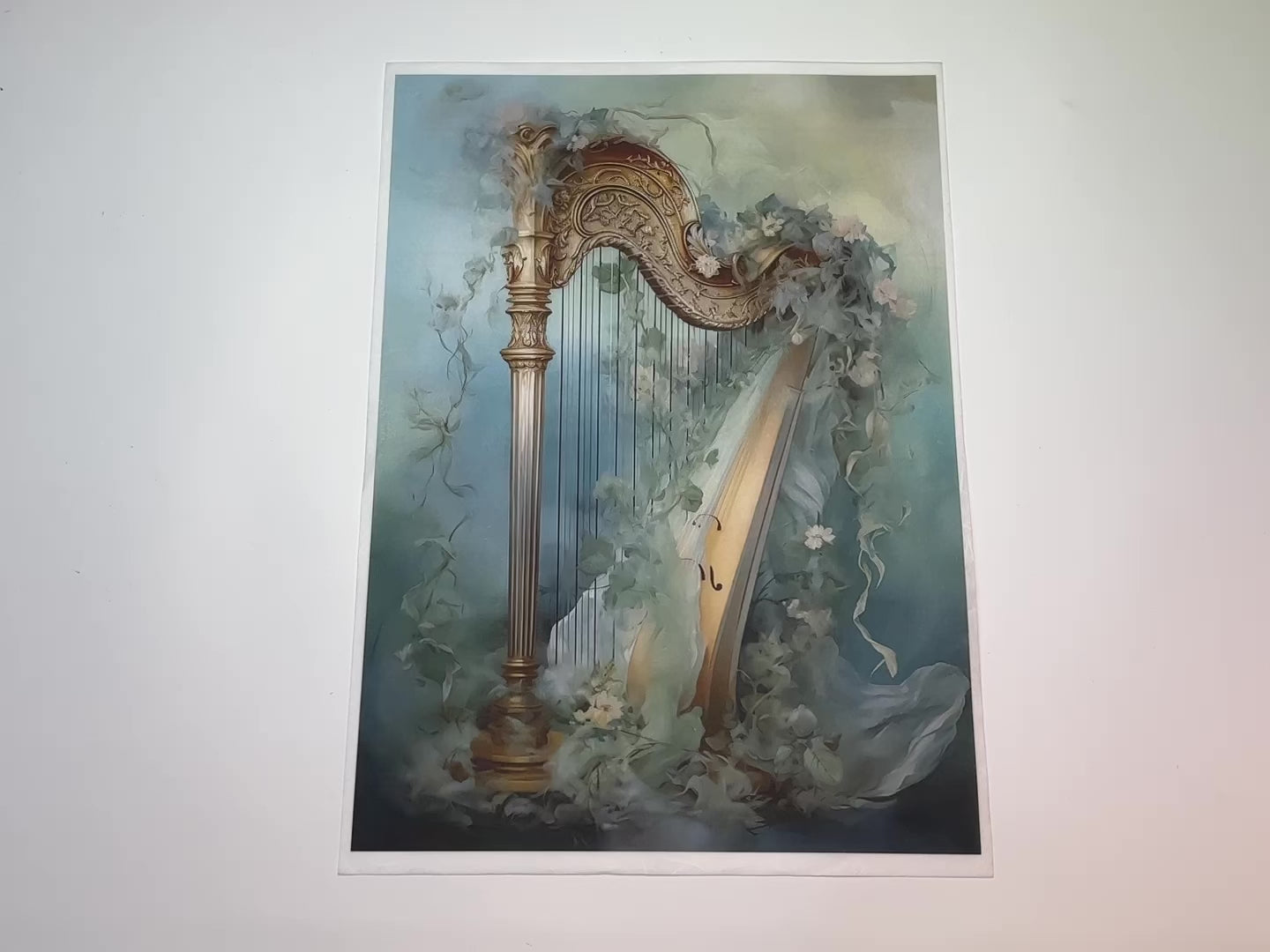 A 14 second video shows a close-up and backside of Calambour Italy's Dreamscape Harp rice paper against a white background.