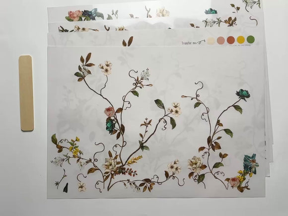 A 15 second video shows a close-up and backside of 4 sheets of ReDesign with Prima's Blue Vine rub-on furniture transfer against a white background.