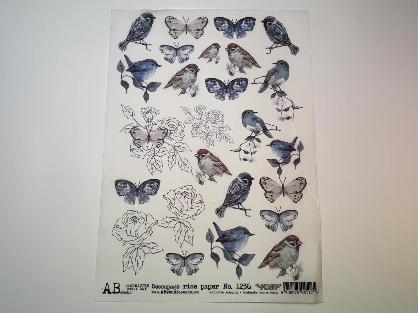 A 15 second video showing a close-up and backside of AB Studio's Blue Birds and Butterfly Spring A4 rice decoupage paper is against a white background.