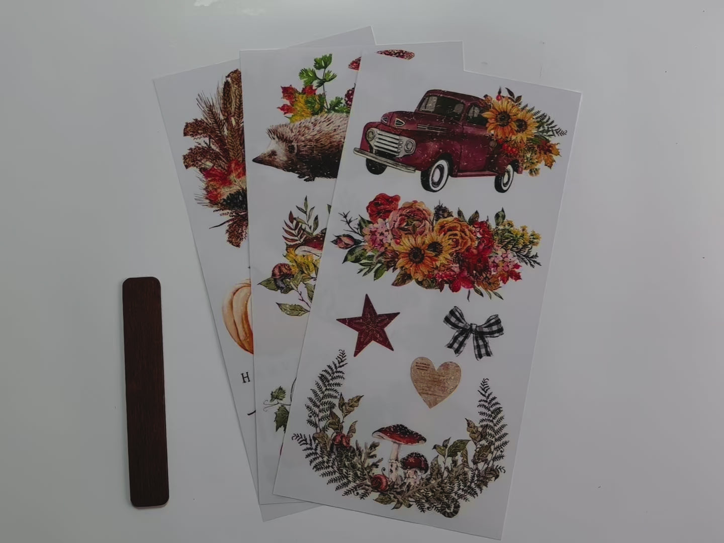 A 15 second video shows a close-up of 3 sheets of ReDesign with Prima's Autumn Essentials small rub-on transfer.