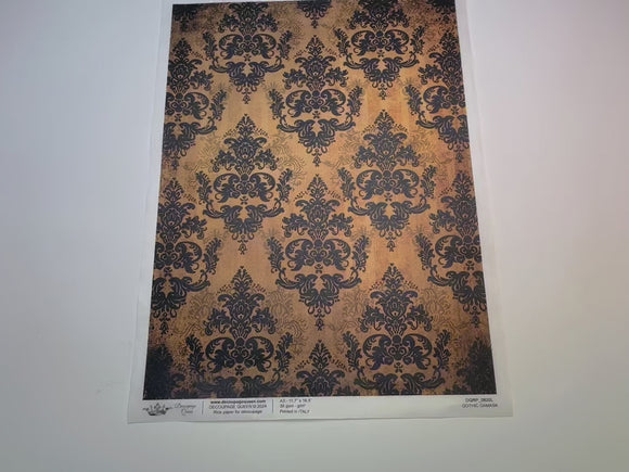 A 15 second video shows a close-up and backside of Decoupage Queen's Gothic Damask A3 rice paper.