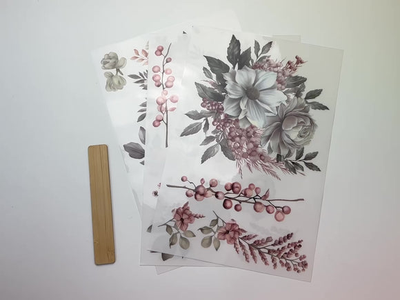 A 14 second video shows a close-up of 3 sheets of Belles & Whistles' Tea Party Bouquet rub-on transfer.