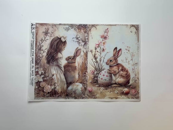 A 12 second video shows a close-up and backside of AB Studio's Easter Rabbit and Eggs 2 Pack A4 rice paper against a white background.