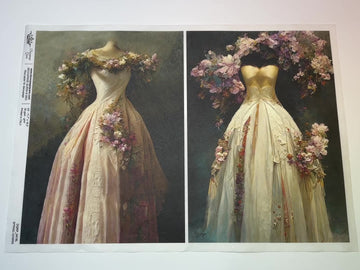 A 15 second video shows a close-up and backside of Decoupage Queen's Spring Gowns A3 rice paper against a white background.