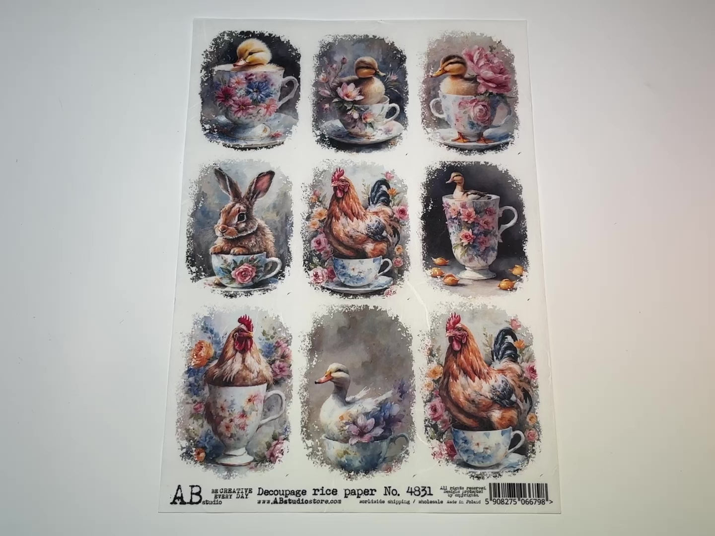 A 14 second video showing a close-up and backside of AB Studio's Easter Animals in Teacups 9 Pack A4 rice decoupage paper is against a white background.