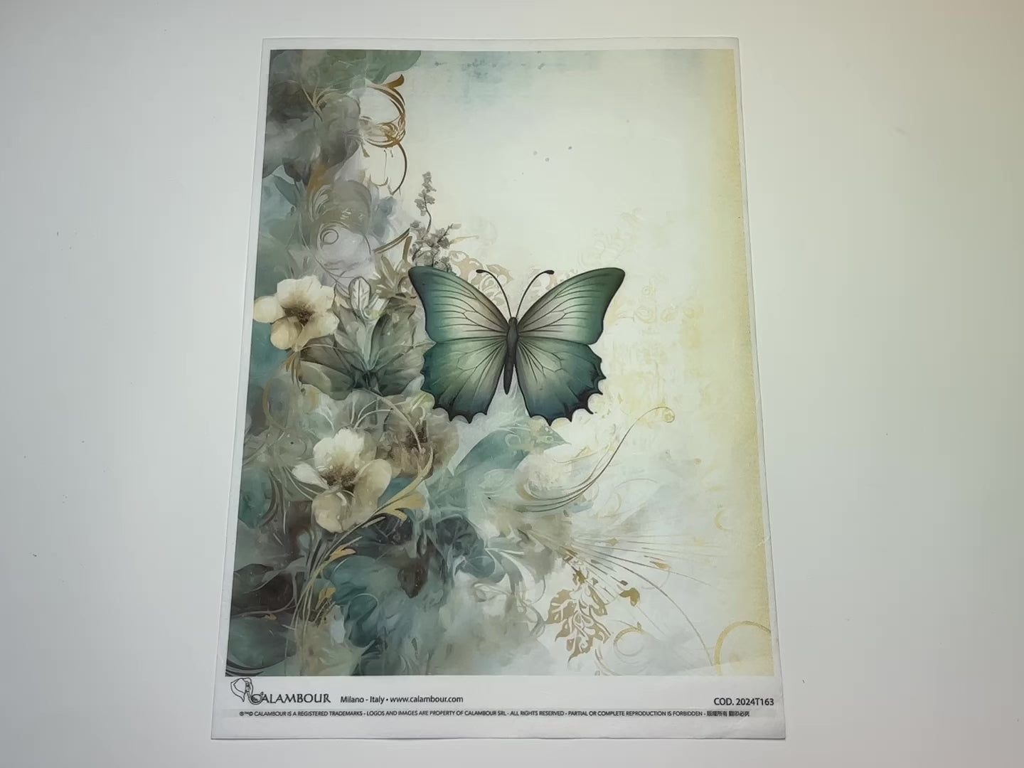 A 15 second video shows a close-up and backside of Calambour Italy's Dreamscape Blue Butterfly rice paper against a white background.