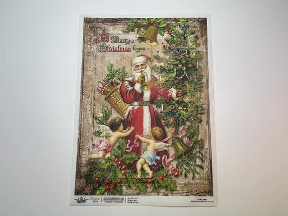 A 14 second video shows a close-up and backside of Decoupage Queen's A Merry Christmas to You A4 rice paper against a white background.