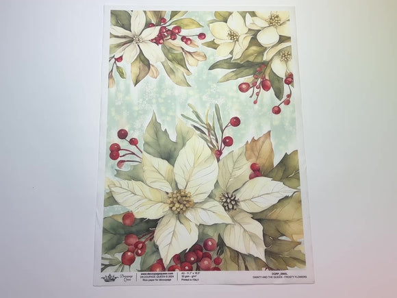 A 14 second video shows a close-up and backside of Decoupage Queen's Frosty Flowers A3 rice paper against a white background.