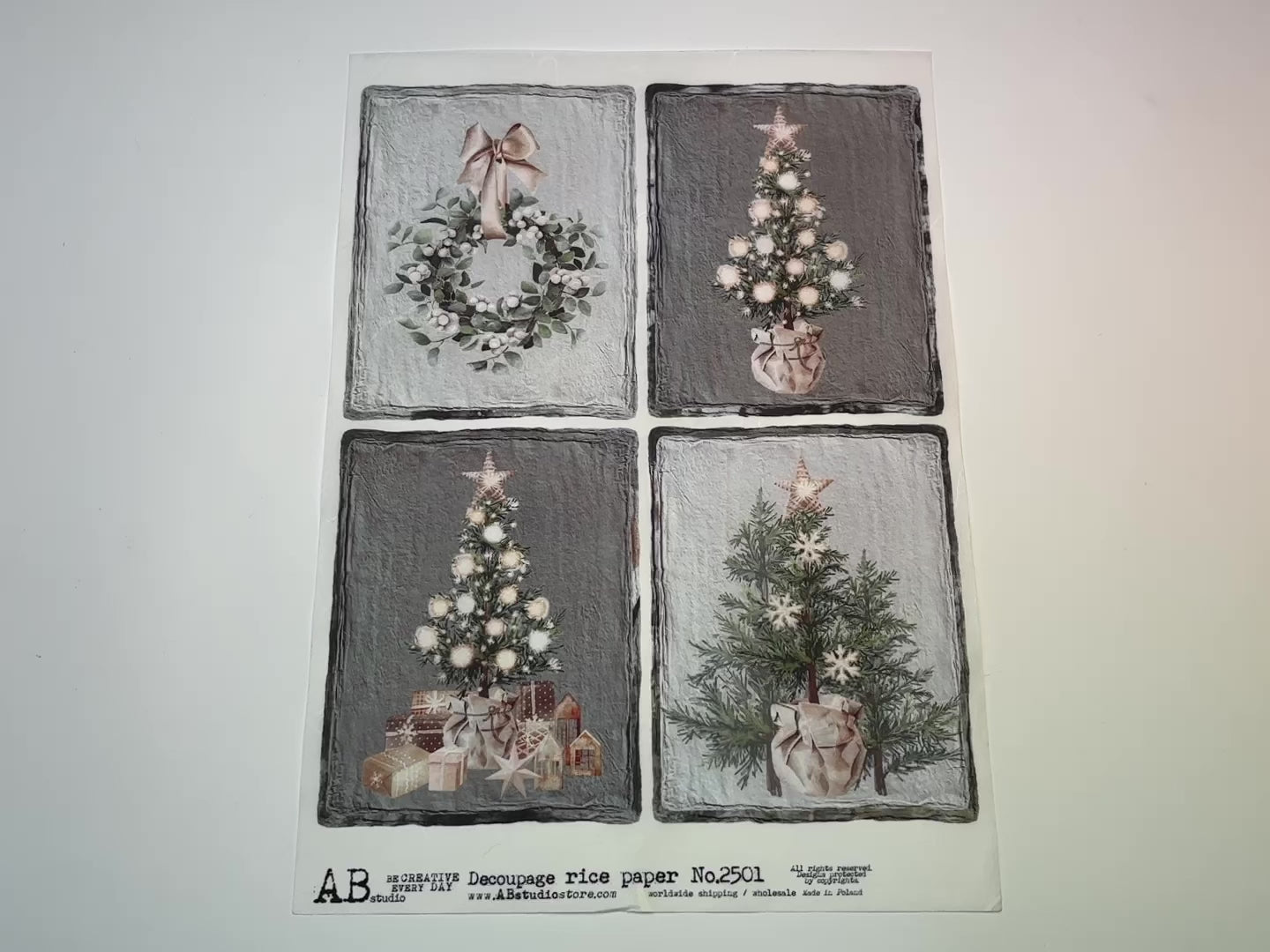 A 14 second video showing a close-up and backside of AB Studio's Farmhouse Decorations A4 rice decoupage paper is against a white background.