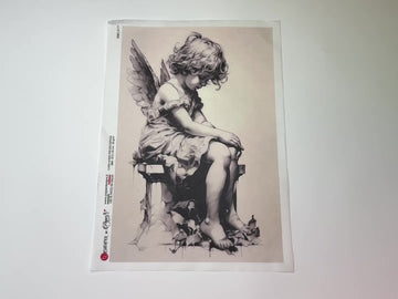 A 12 second video shows a close-up and backside of Paper Designs Italy's Child Angel Drawing A4 rice paper against a white background.