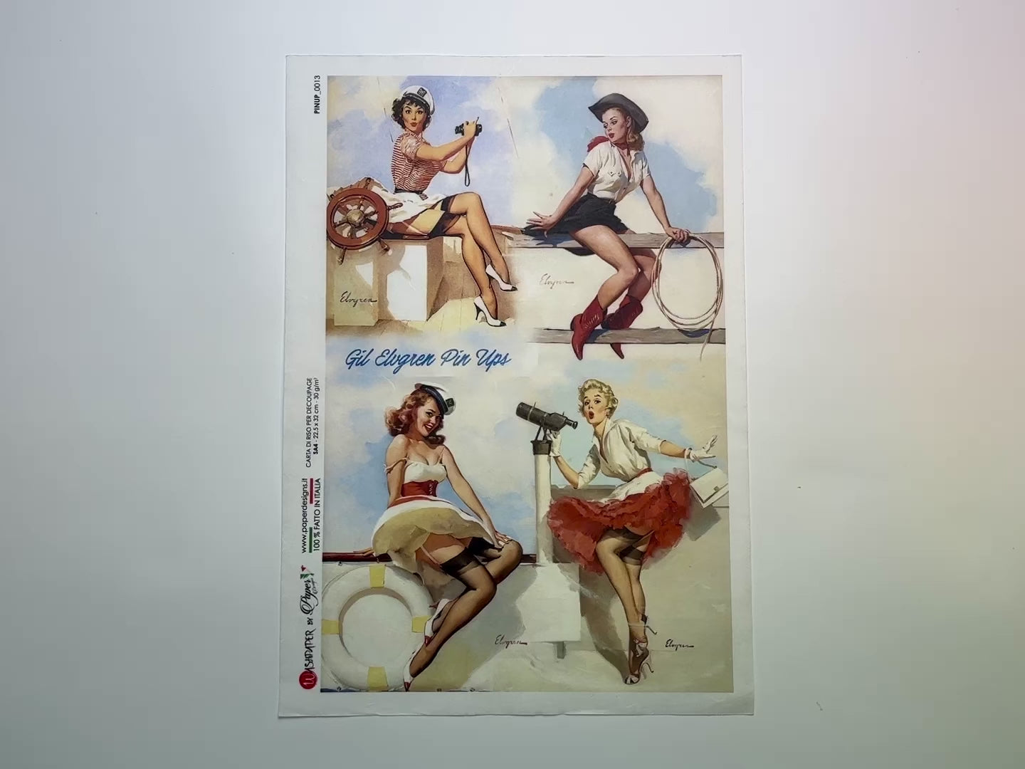 A 15 second video shows a close-up and backside of Paper Designs Italy's Sailor and Western Pinup Collection A4 rice paper against a white background.