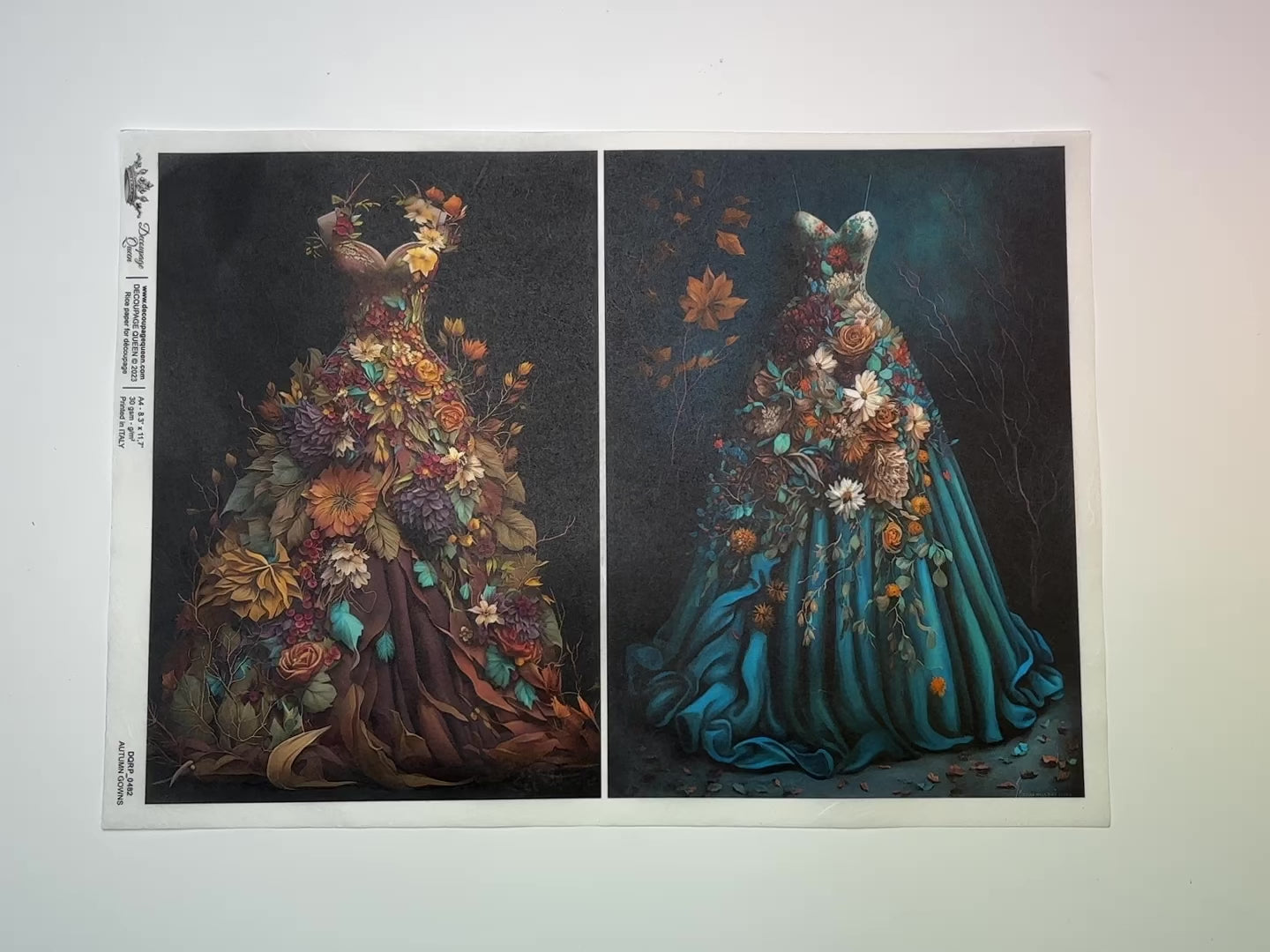 A 14 second video shows a close-up and backside of Decoupage Queen's Autumn Gowns rice paper against a white background.