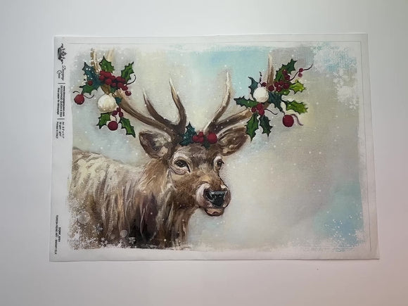 A 12 second video shows a close-up and backside of Decoupage Queen's Snowy Elk A4 rice paper against a white background.