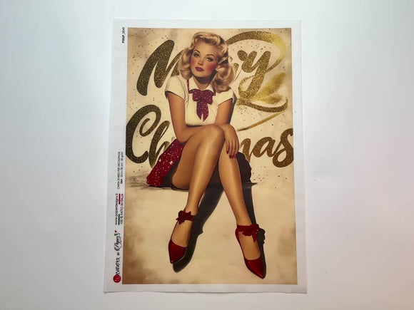 A 13 second video shows a close-up and backside of Paper Designs Italy's Vintage Christmas Pinup A4 rice paper against a white background.