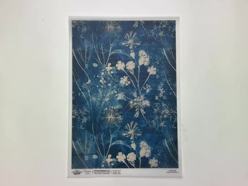A 13 second video shows a close-up and backside of Decoupage Queen's Indigo Botanical 3 A4 vellum decoupage paper against a white background.