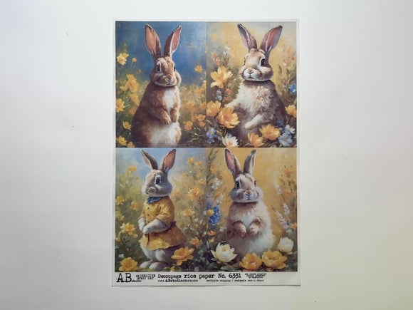 A 13 second video shows a close-up and backside of AB Studio's Bunny with Yellow Flowers 4 Pack A4 rice paper against a white background.