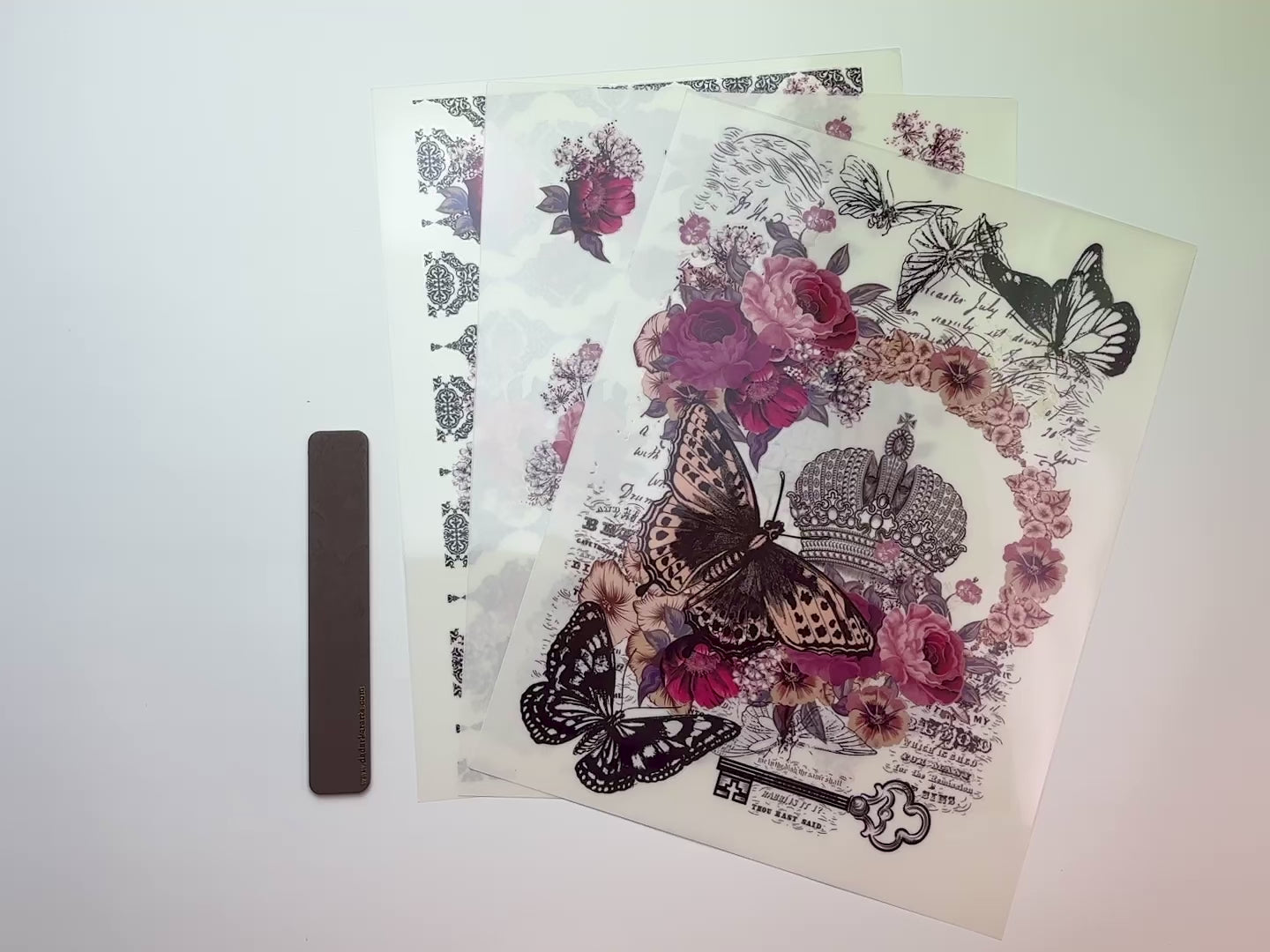 A 15 second video shows a close-up and backside of 3 sheets of Dadarkar Art's Get Inspired Botanical Princess rub-on transfers against a white background.