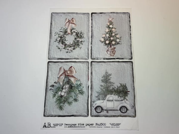 A 15 second video showing a close-up and backside of AB Studio's Farmhouse Christmas Decorations 4 Pack A4 rice decoupage paper is against a white background.