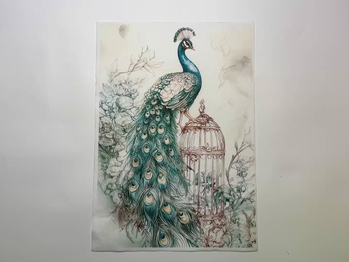 Elegant Peacock and Gilded Cage A4 Plus Rice Decoupage Paper - Limited Edition-3