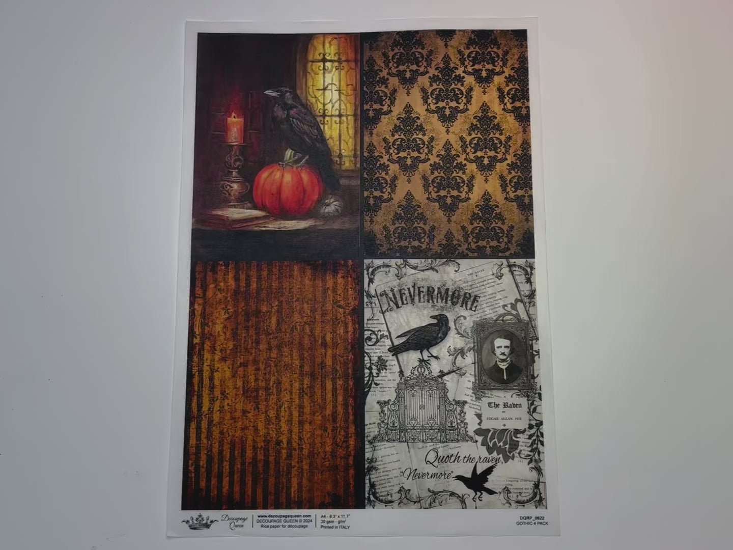 A 14 second video shows a close-up and backside of Decoupage Queen's Gothic 4 Pack A4 rice paper.