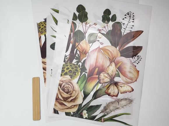 A 12 second video shows a close-up of 4 sheets of Belles & Whistles' Savi's Bouquet rub-on transfer against a white background.