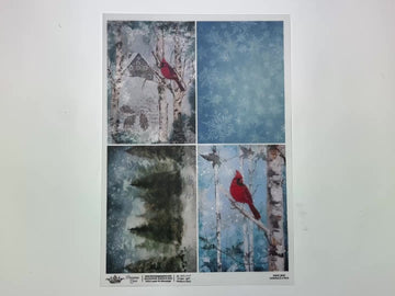 A 14 second video shows a close-up and backside of Decoupage Queen's Four Cardinals A4 vellum decoupage paper against a white background.