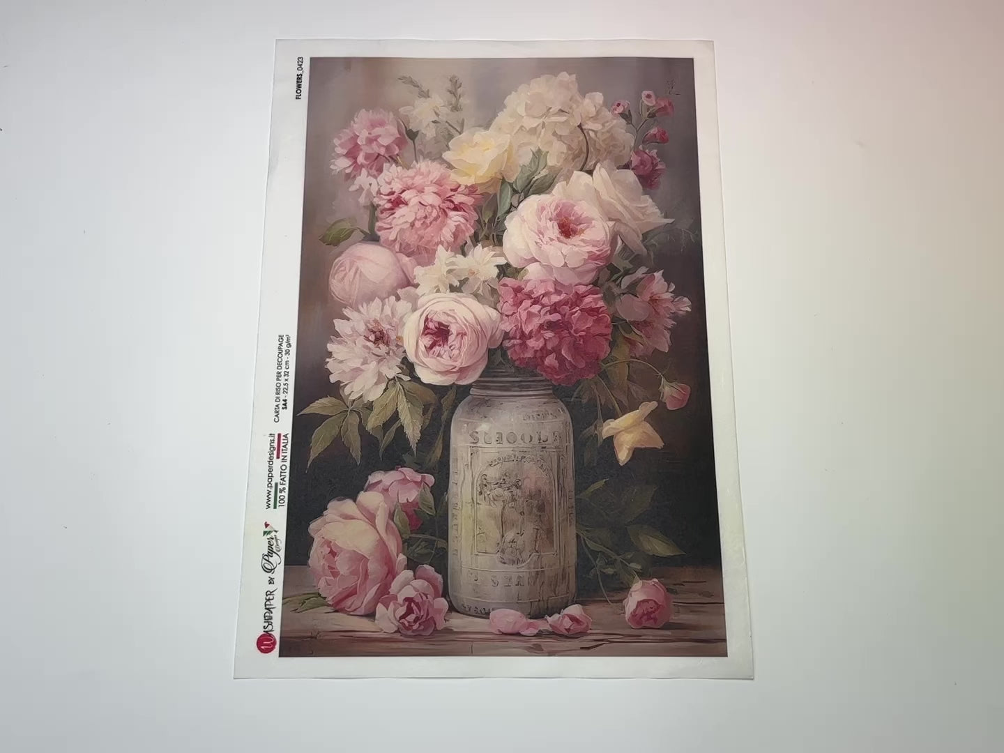 A 13 second video shows a close-up and backside of Paper Designs Italy's Pink Flowers in Mason Jar rice paper against a white background.