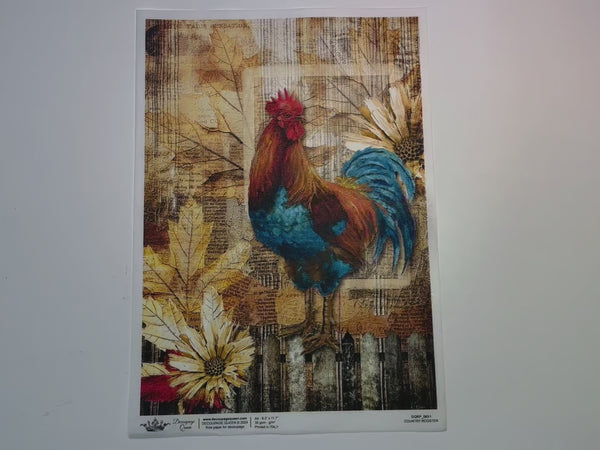 A 14 second video shows a close-up and backside of Decoupage Queen's Country Rooster A4 rice paper.